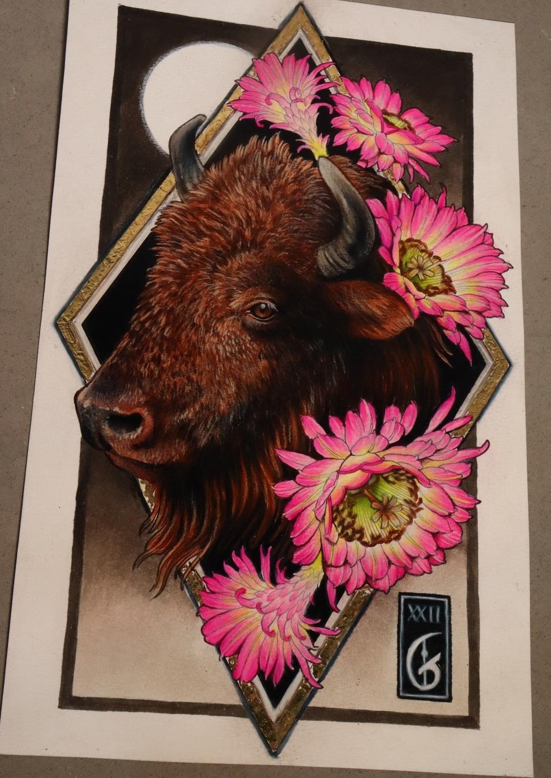 Bison and pink flowers, original painting by Antony Flemming