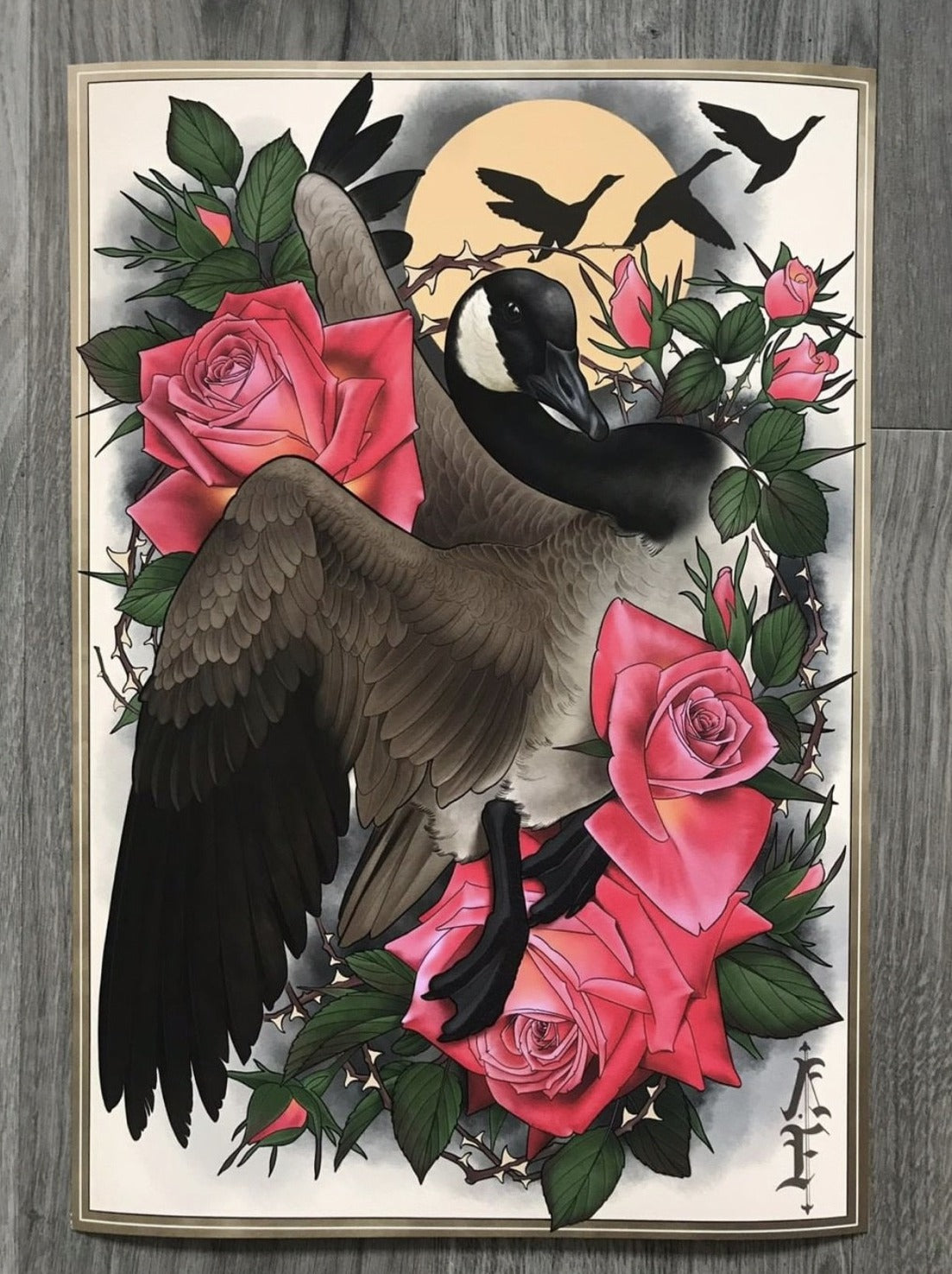 Goose and roses, original painting by Antony Flemming
