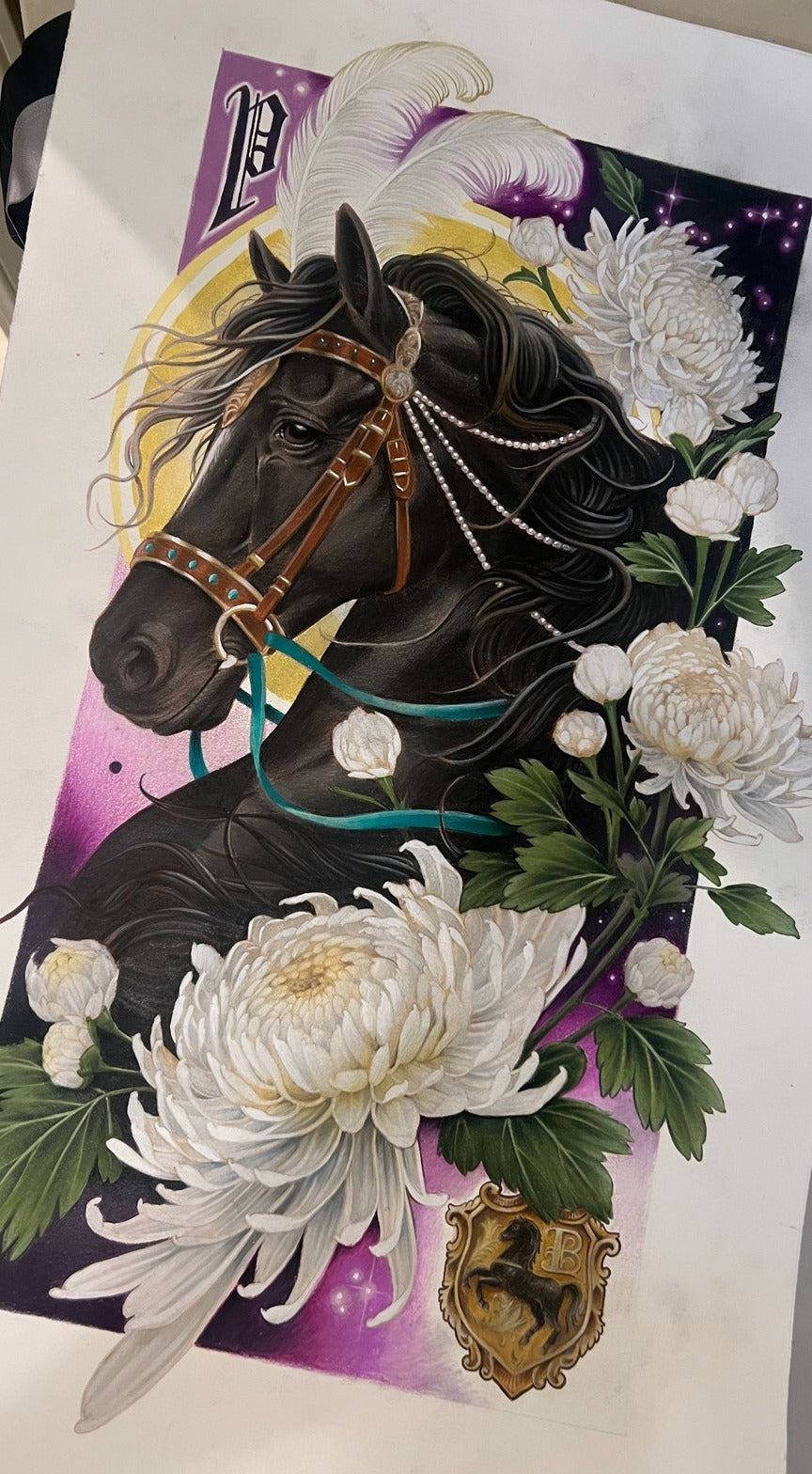 Horse and chrysanthemums, original painting by Antony Flemming