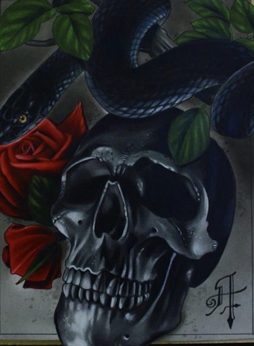 Skull, snake and rose, original painting by Antony Flemming