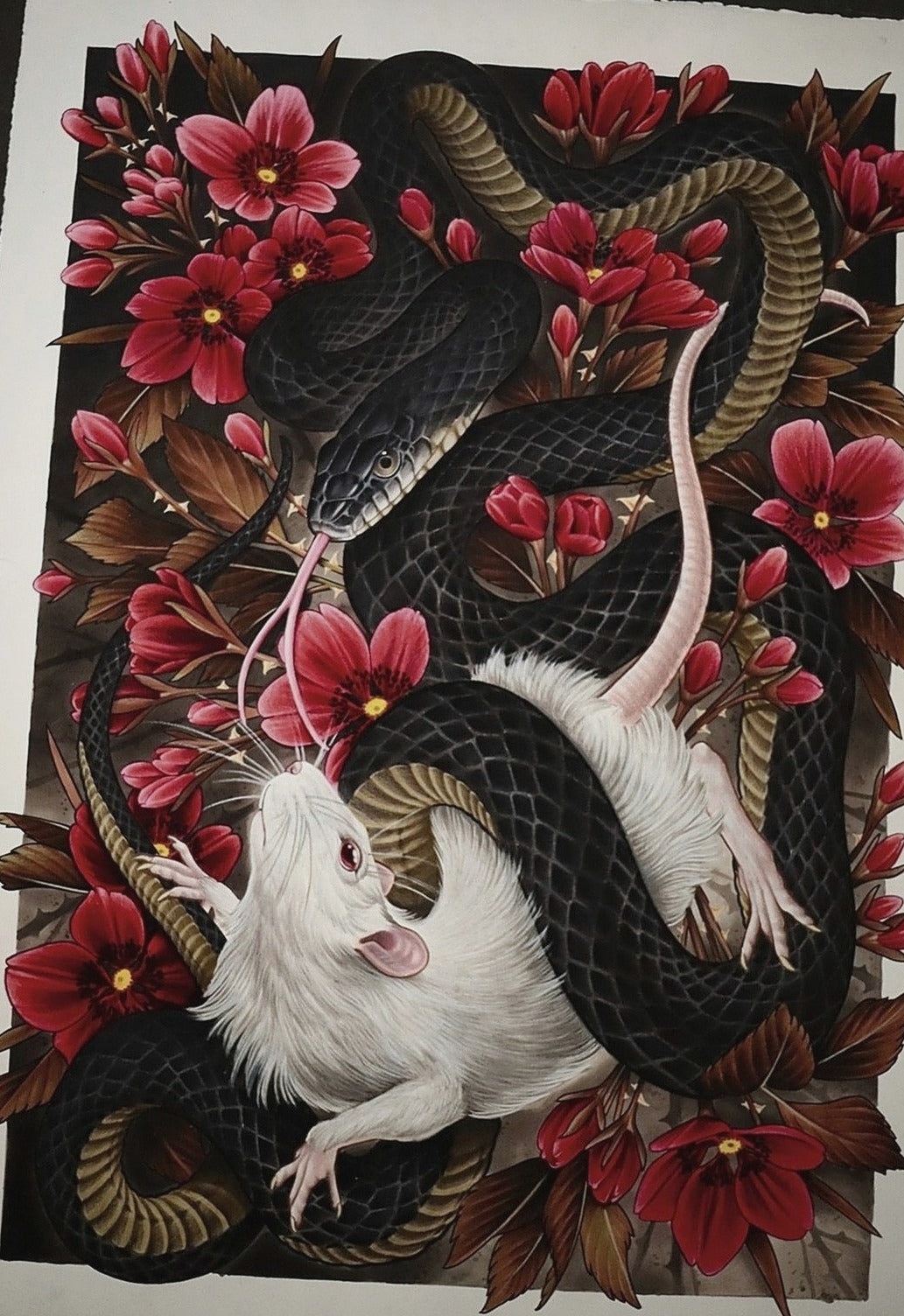 Snake and white rat, original painting by Antony Flemming
