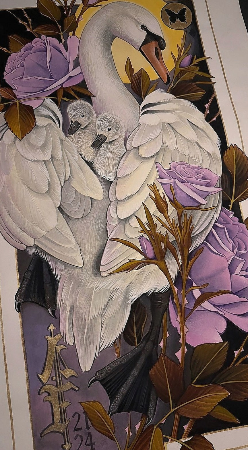 Swan and cygnets, original painting by Antony Flemming