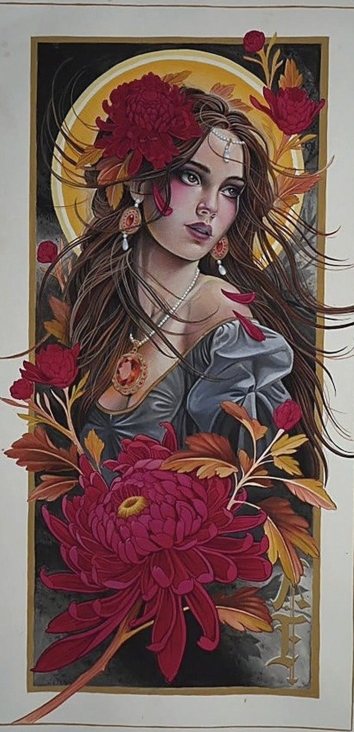 Woman and chrysanthemums, original painting by Antony Flemming